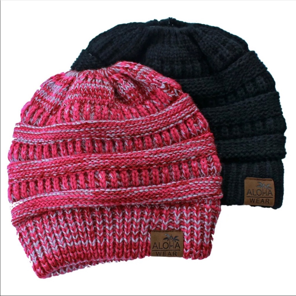 Ponytail Beanies - (2) black and pink